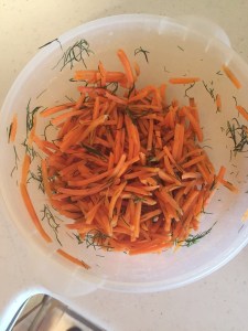 The trick to getting these carrots soft enough is to sprinkle them with salt while they're still raw, then let that cause them to soften while you travel.